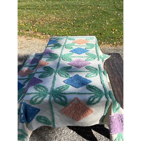 Vtg Chenille Bedspread Coverlet Twin 72x86 Geometric Floral Cottage Farmhouse - Picture 4 of 11